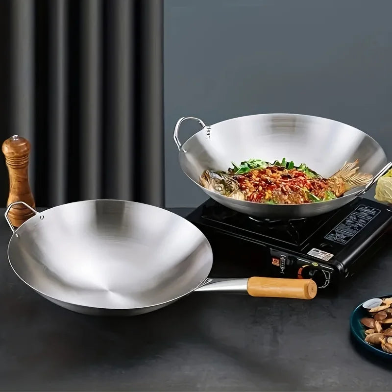1PCS Large Stainless Steel Wok, Uncoated Thick High-Quality Durable Chef'S Pan with Dual Handles, Easy to Clean for Commercial