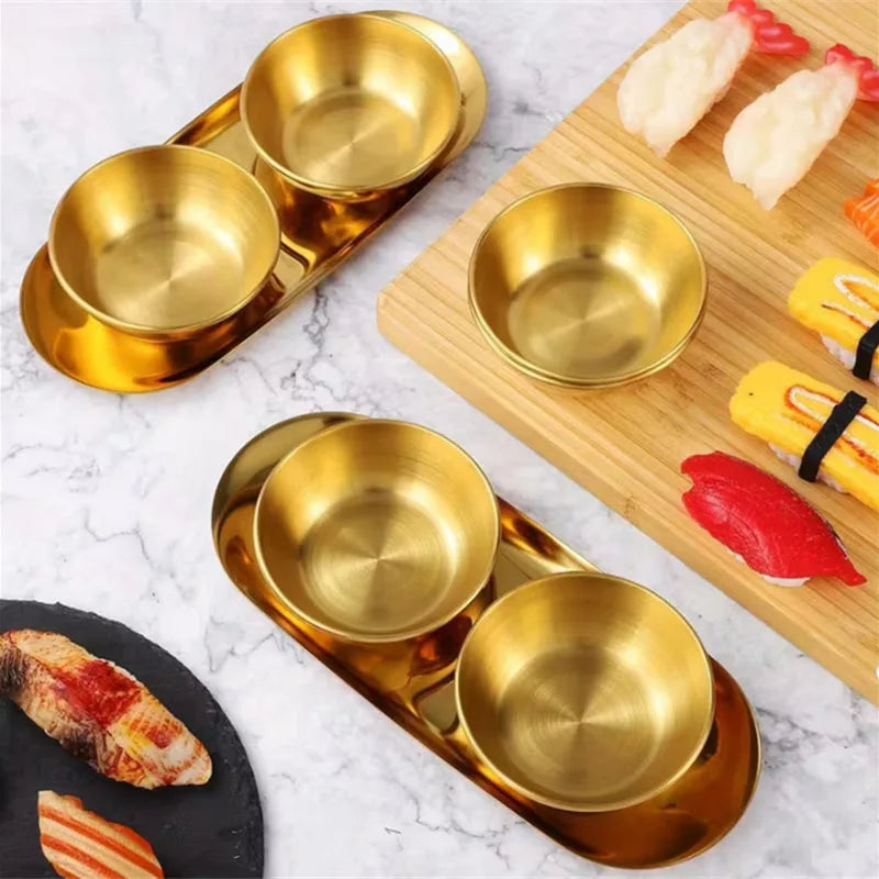 3/6/9/12pcs Golden Sauce Bowl Serving Tray Set Stainless Steel Seasoning Cup Sushi Dipping Bowl Serving Tray Snack Dish Plate