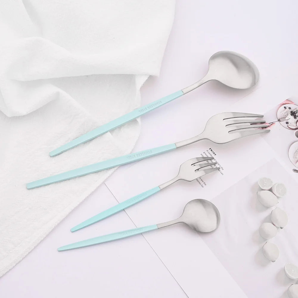 30Pcs Blue Silver Dinnerware Set Dinner Knife Fork Tea Spoon Cutlery Set Stainless Steel Tableware Western Home Kitchen Flatware