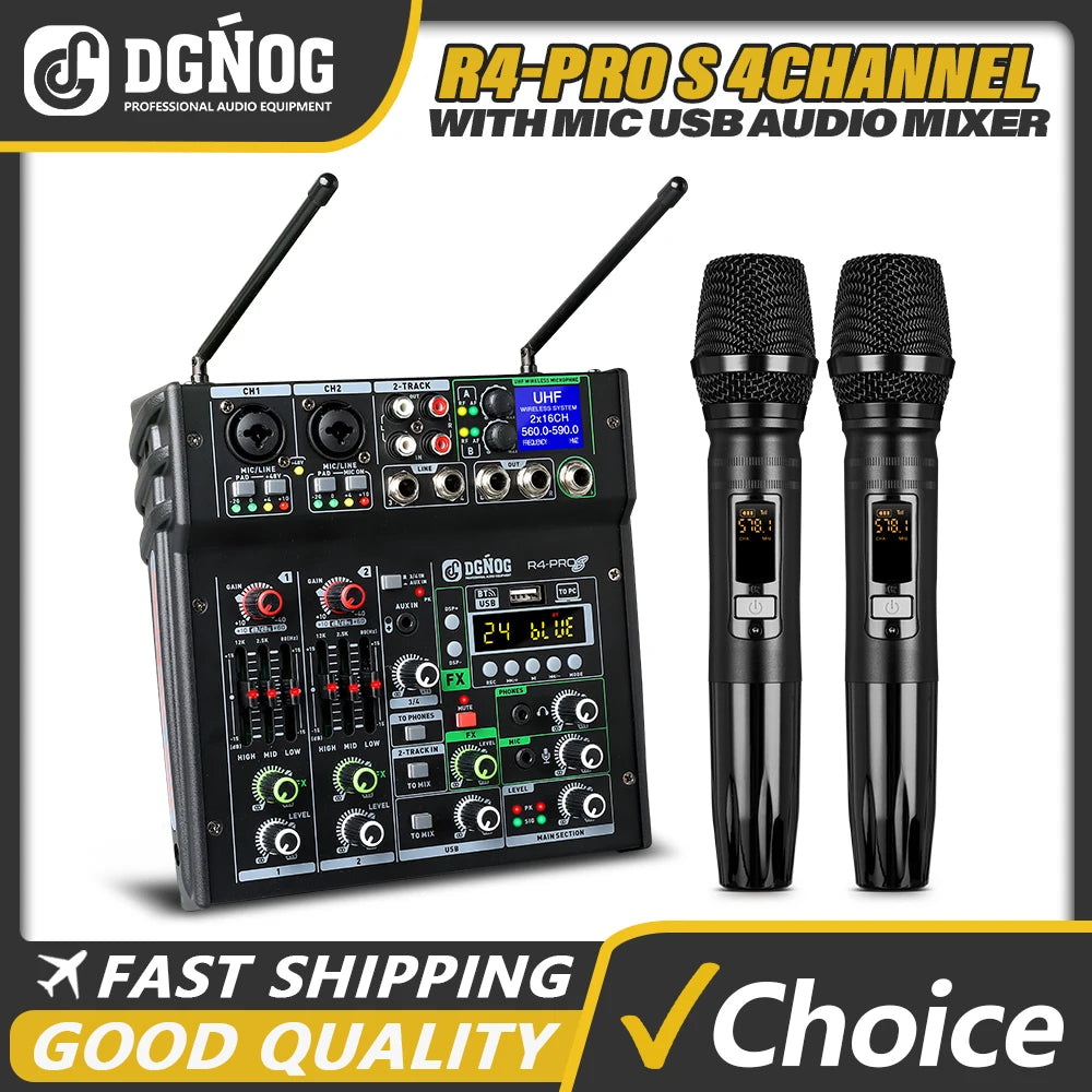 4 Channel Karaoke Audio Mixer with Dual UHF Wireless Microphone USB Bluetooth DJ Mixer for Party Computer Studio Recording DGNOG