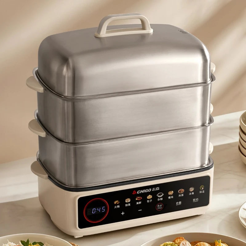 Full Steel Electric Steamer, 3-Layer Multi-Function Cooker for Home, Smart Timer, LCD Screen, Anti-Corrosion and Easy Cleaning