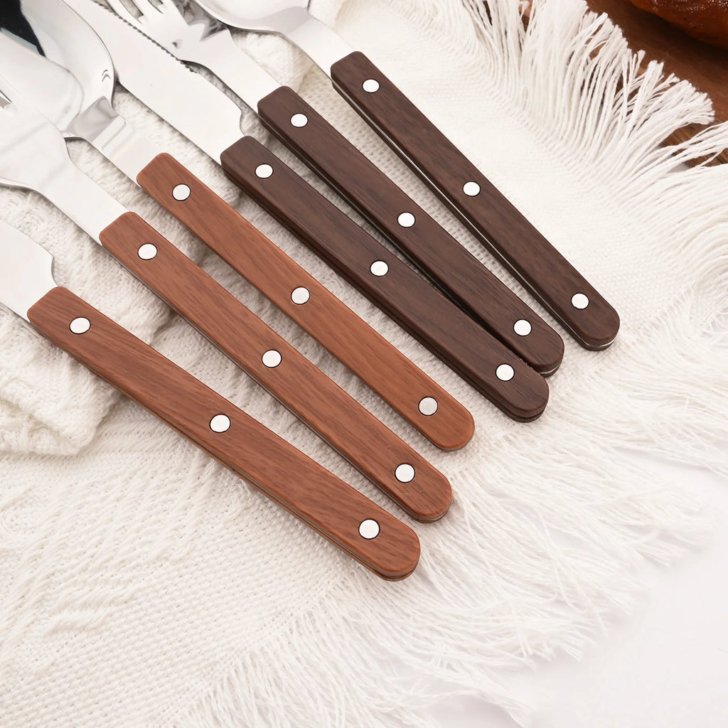 5/20Pcs Imitative Wood Silver Dinnerware Set Western Knife Fork Spoons Set Mirror Stainless Steel Cutlery Kitchen Silverware Set