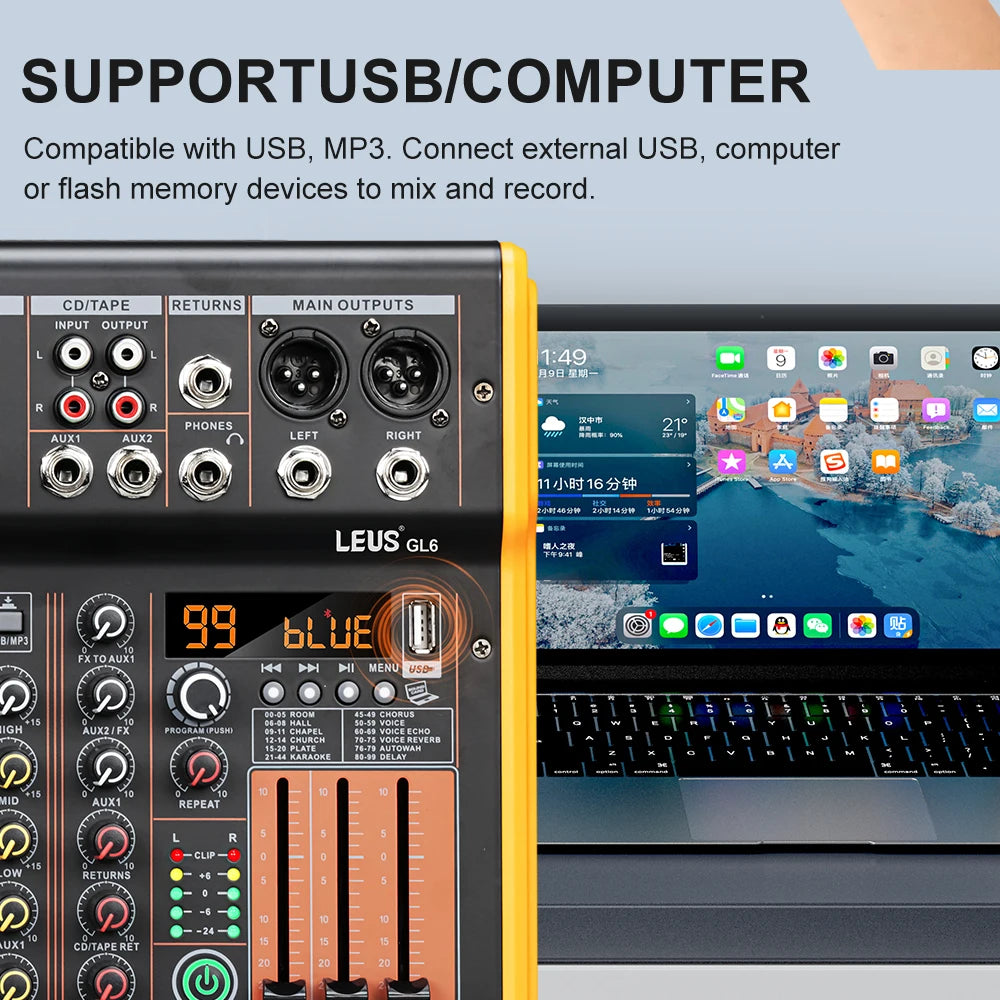 LEUS BL4/6 Channel 99 DSP Effect Audio Mixer Record PC 48V Phantom Power USB Sound Mixers Bluetooth DJ Console Mixing for Karaok