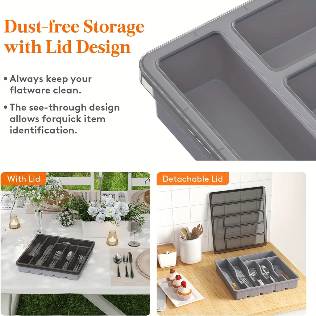 Silverware Organizer with Lid, Covered Utensil Tray for Kitchen Drawer and Countertop, Plastic Cutlery and Flatware Storage Box