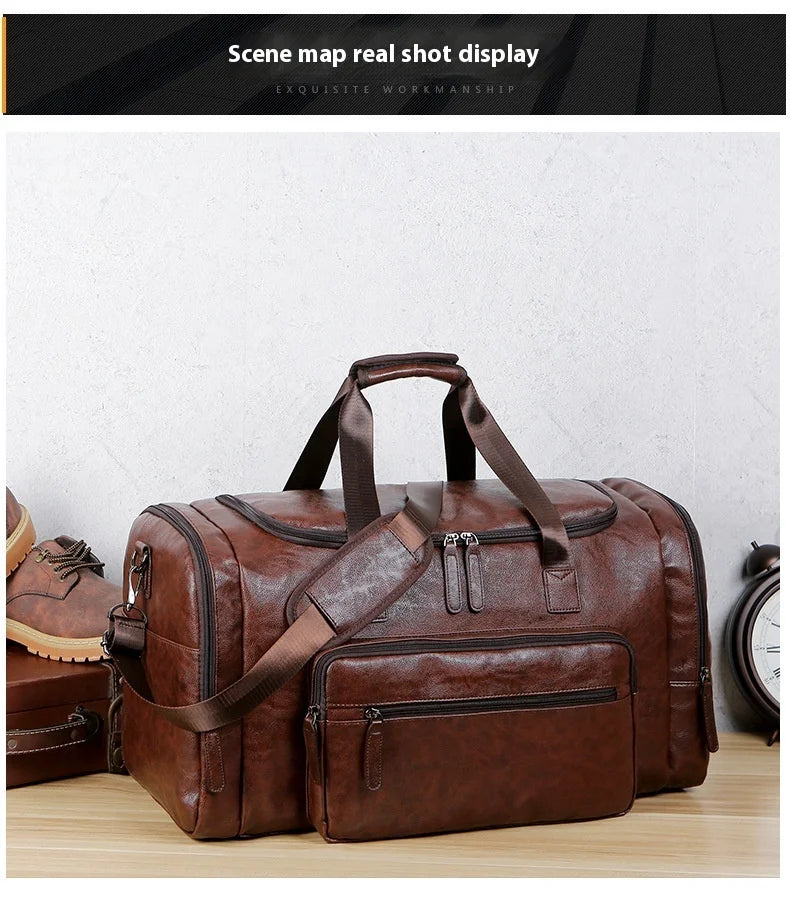 Geestock Business Men PU Leather Gym Duffel Bag Large Capacity Sports Travel Tote Handbag For Male Fitness Vintage Luggage Bag