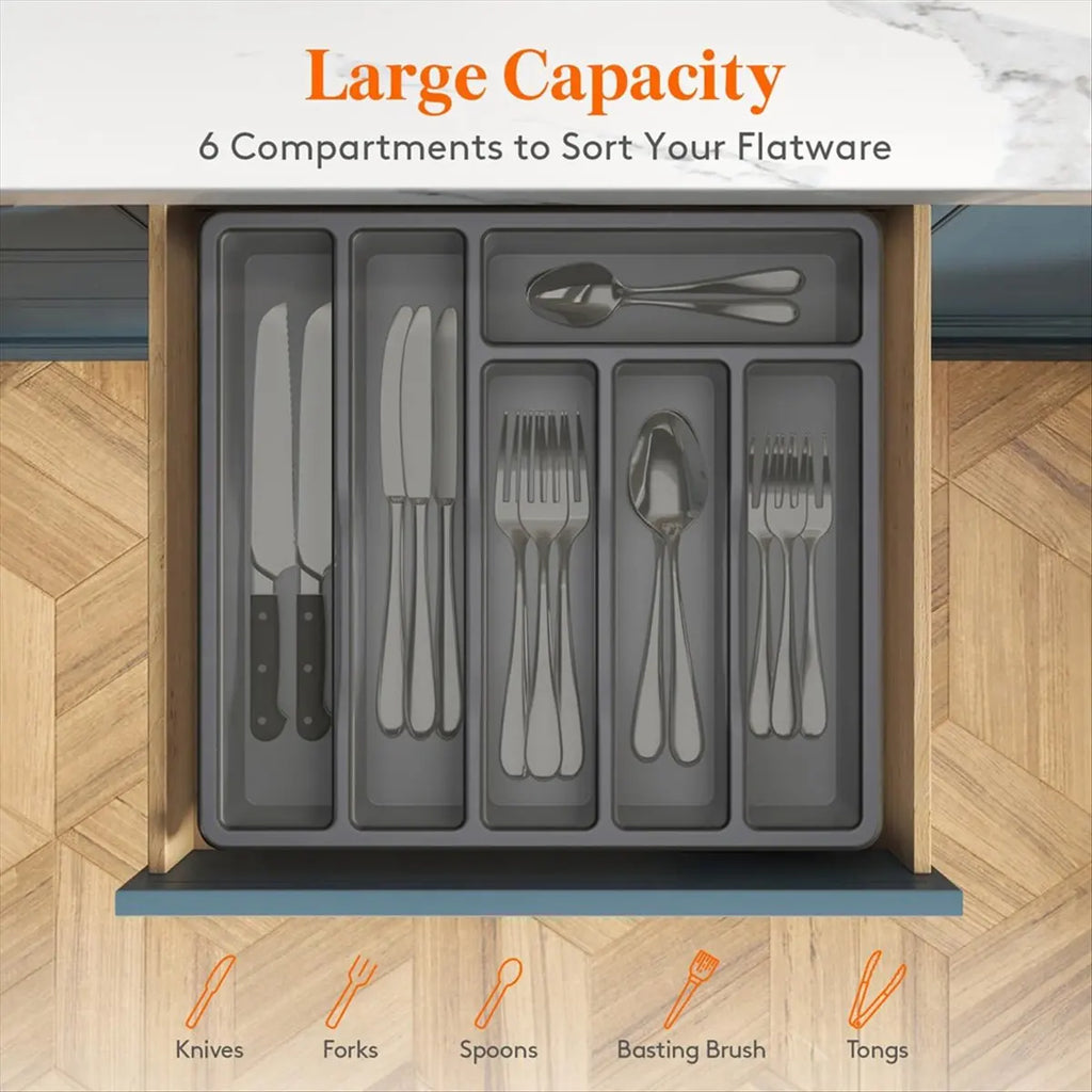 [CLOS] Silverware Organizer with Lid,Covered Utensil Tray for Kitchen Drawer and Countertop, Plastic Cutlery and Flatware Gray