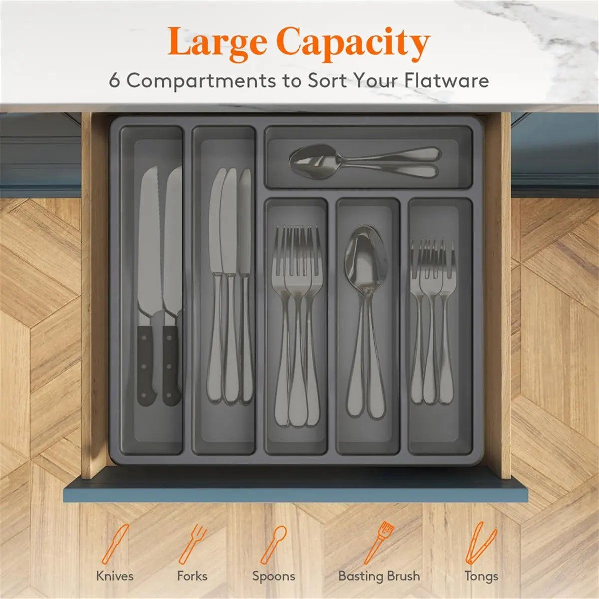 [CLOS] Silverware Organizer with Lid,Covered Utensil Tray for Kitchen Drawer and Countertop, Plastic Cutlery and Flatware Gray