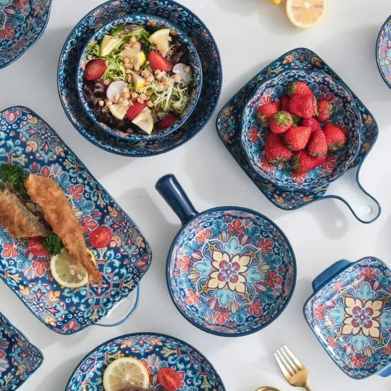 Bohemia Ceramic Rice Bowl Serving Plate Creative Ceramic Cutlery Soup Noodle Bowl Household Handle Bowl Sauce Dish