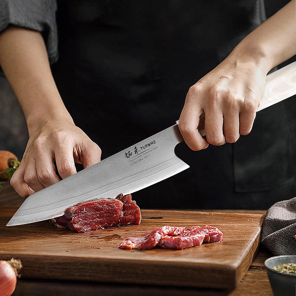 TURWHO 8" Japanese Kiritsuke Knife 7 Layer 440C Damascus Steel Hand Forged Meat Cleaver Kitchen Chef Knives Sharp Cooking Tools