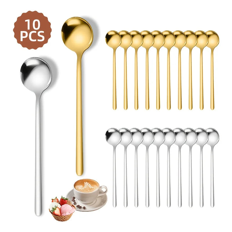 10pcs Stainless Steel Coffee Spoons, Dessert Spoons, Teaspoons, Seasoning Spoons,Suitable for Home, Cafe,Party, Kitchen Supplies