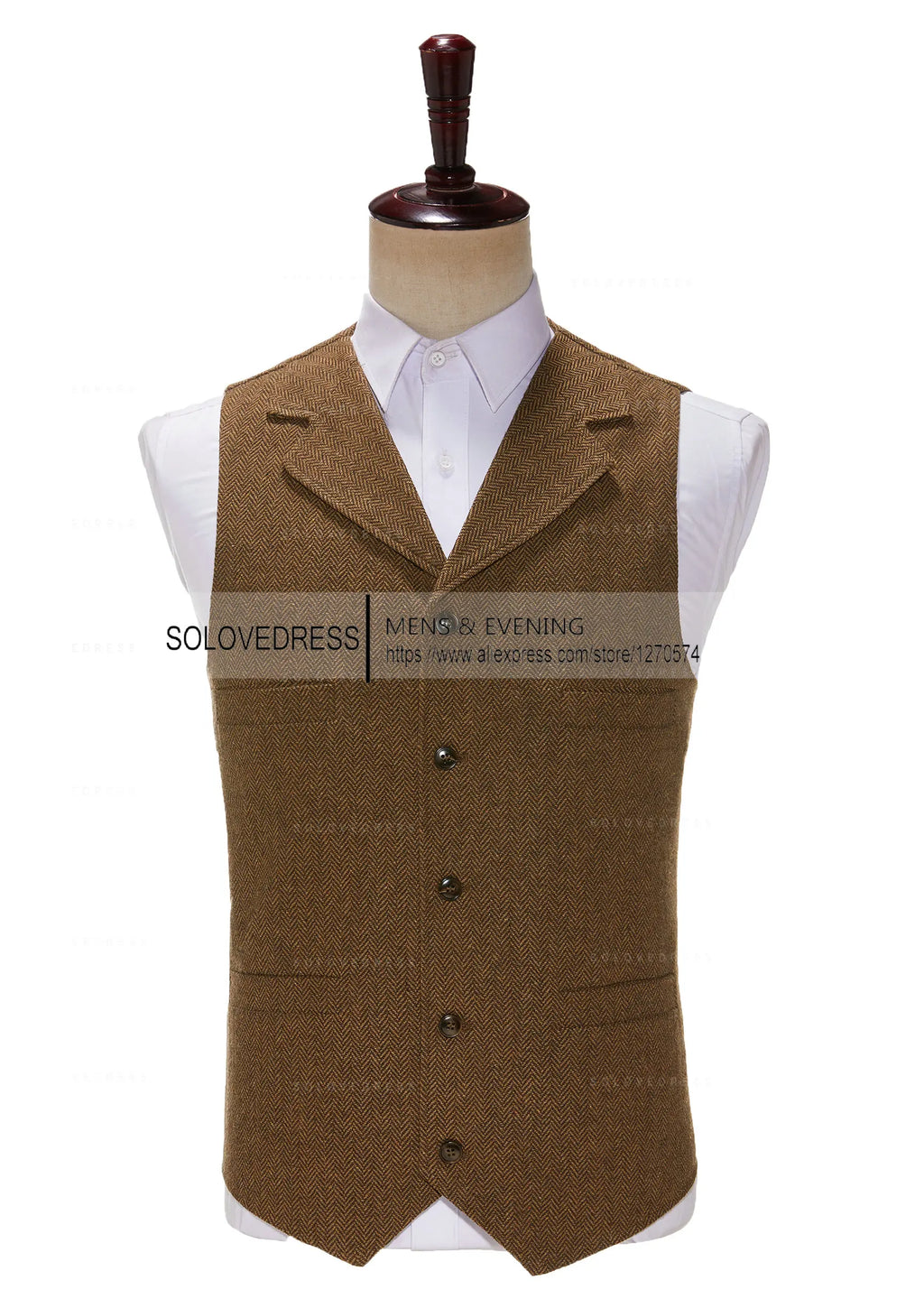 Business Mens Suit Vest Lapel V Neck Wool Herringbone Casual Brown Waistcoat Casual Formal Groomsman Jacket For Wedding