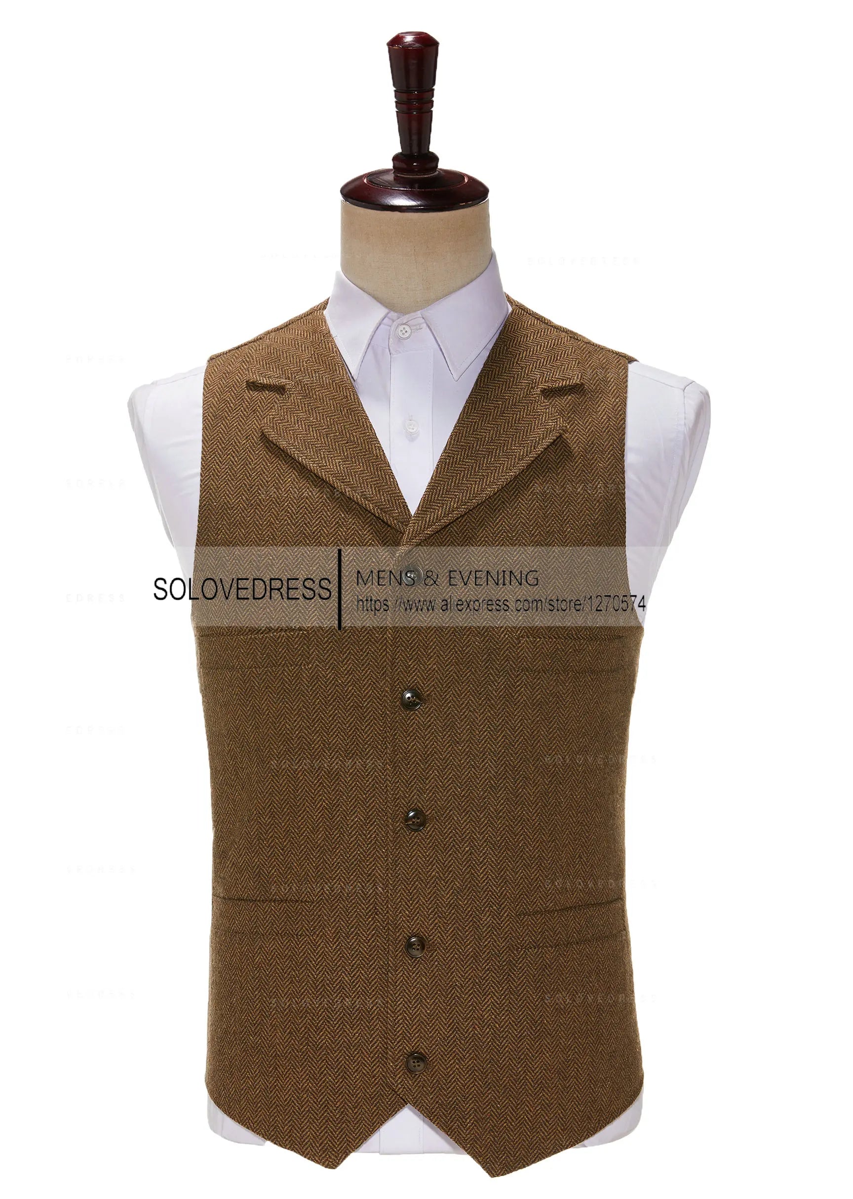 Business Mens Suit Vest Lapel V Neck Wool Herringbone Casual Brown Waistcoat Casual Formal Groomsman Jacket For Wedding