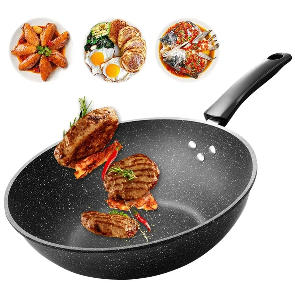 Kitchen Cookware Non-Stick Stir-Fry Pan Universal with Lid Skillet Flat Bottomed Frying Pan Cooking
