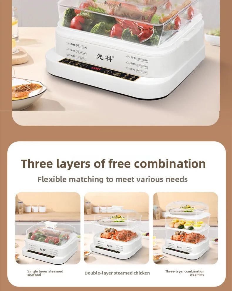 Electric Steamer Multi-Functional Three-Layer Breakfast Maker with Large Capacity, Keep Warm, Pre-Set Timer