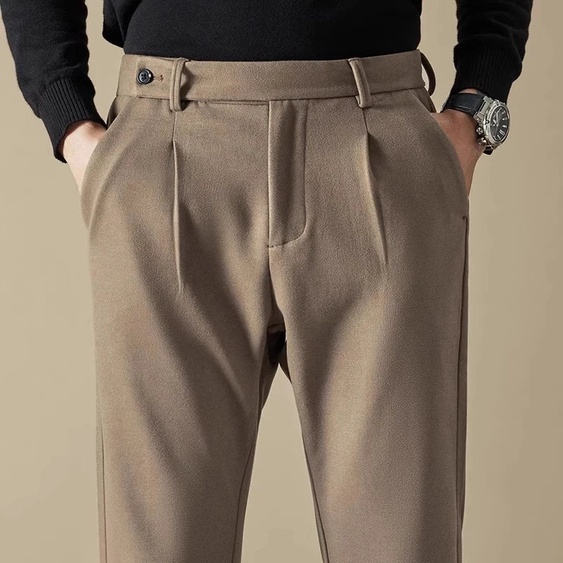 Business Casual Men's Brushed Khakis Straight Leg Long Pants Lightweight Luxury Wool Trousers Autumn Winter New Arrival