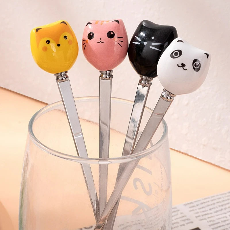Coffee and Dessert Spoons Flatware Kitchen Tools Ice Cream Cartoon Stirring Spoon Stainless Steel Long Cat Handle Ceramic Spoon