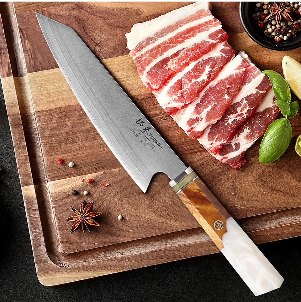 TURWHO 8" Japanese Kiritsuke Knife 7 Layer 440C Damascus Steel Hand Forged Meat Cleaver Kitchen Chef Knives Sharp Cooking Tools