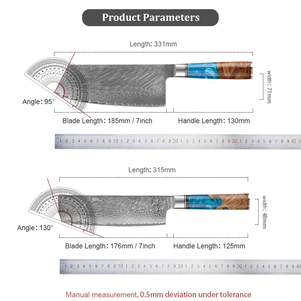 Kitchen Knives-Set Damascus Steel Cleaver Knife Nakiri Knife Meat Vegetable Blue Resin Handle set