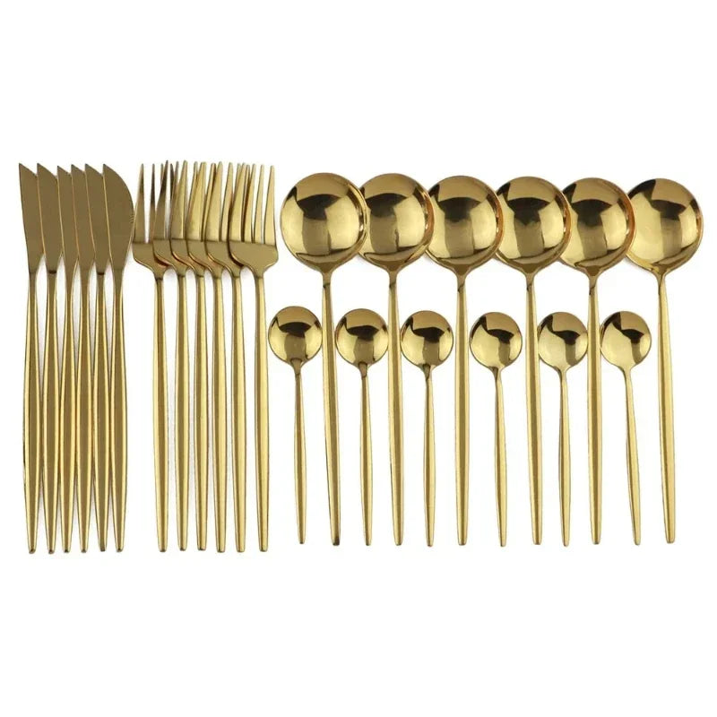 Dinnerware 304 Stainless Steel 24Pcs/Set Cutlery Kitchen Mirror Gold Tableware Knife Fork Spoon Dinner Kits