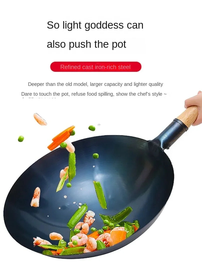 Carbon Steel Wok,12.6" Round Bottom Woks Pan Uncoated Nonstick Pot,Pre-Seasoned Chinese Wok Kitchen Cookware for Gas Cooktops