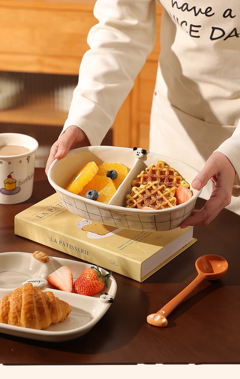 Beautiful Ceramic Breakfast Plate Dinnerware Set Coffee Cup Divided Plate Korean Style Casual Cartoon Pattern Home Use