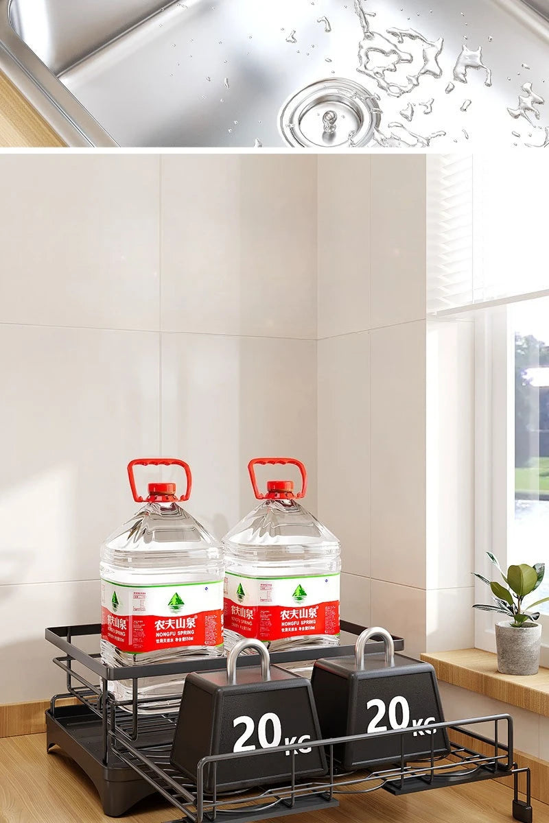 Kitchen Storage Rack, Foldable and Pull-out Cutlery Storage Platform, Double-layer Drain Basket, Bowl and Plate Storage Rack