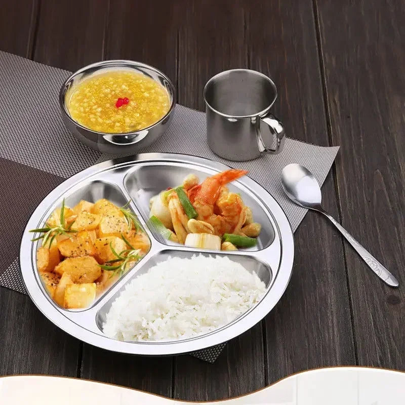 Dish Dinner Plate 1pcs Silver Stainless Steel 3 Sections Round Divided 22cm 24cm 26cm Snack Set Useful Practical