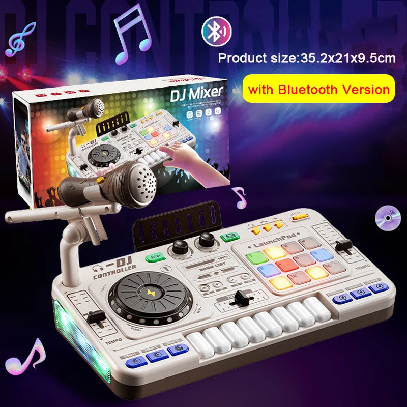 Kid DJ Mixer with Microphone Multifunctional Electronic Piano Keyboard Bluetooth DJ Turntable Controller Kid Musical Instrument