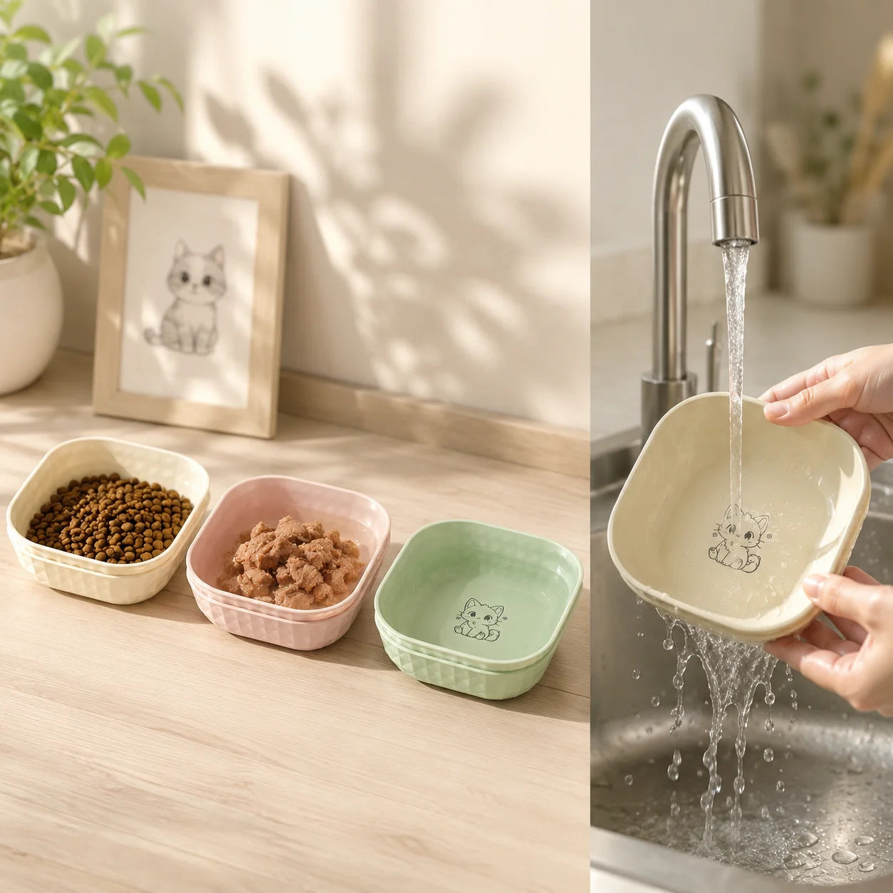 6pcs Cat Bowls Set - Whisker Fatigue Relief Shallow Dishes + 5.5in Wet Food Plates, Anti-Tip Pet Dishes for Indoor Cats