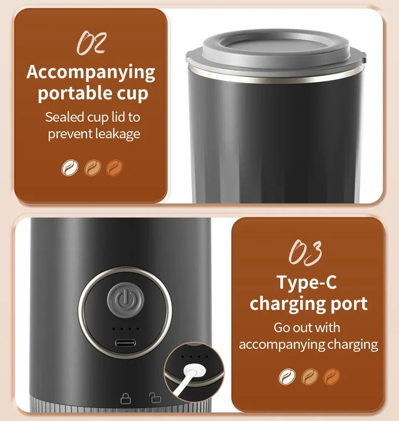 2-in-1 Portable Wireless Outdoor Camping Coffee Machine - Bean Grinding & Hand Brewing Portable Coffee Maker