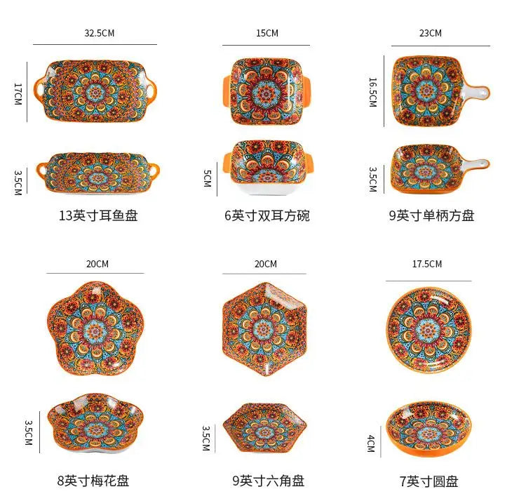 Bohemia Ceramic Rice Bowl Serving Plate Creative Ceramic Cutlery Soup Noodle Bowl Household Handle Bowl Sauce Dish