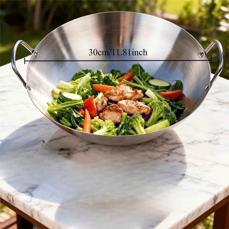 1pc Large Stainless Steel Wok, Uncoated Thick High-Quality Durable Chef'S Pan with Dual Handles, Easy to Clean for Commercial