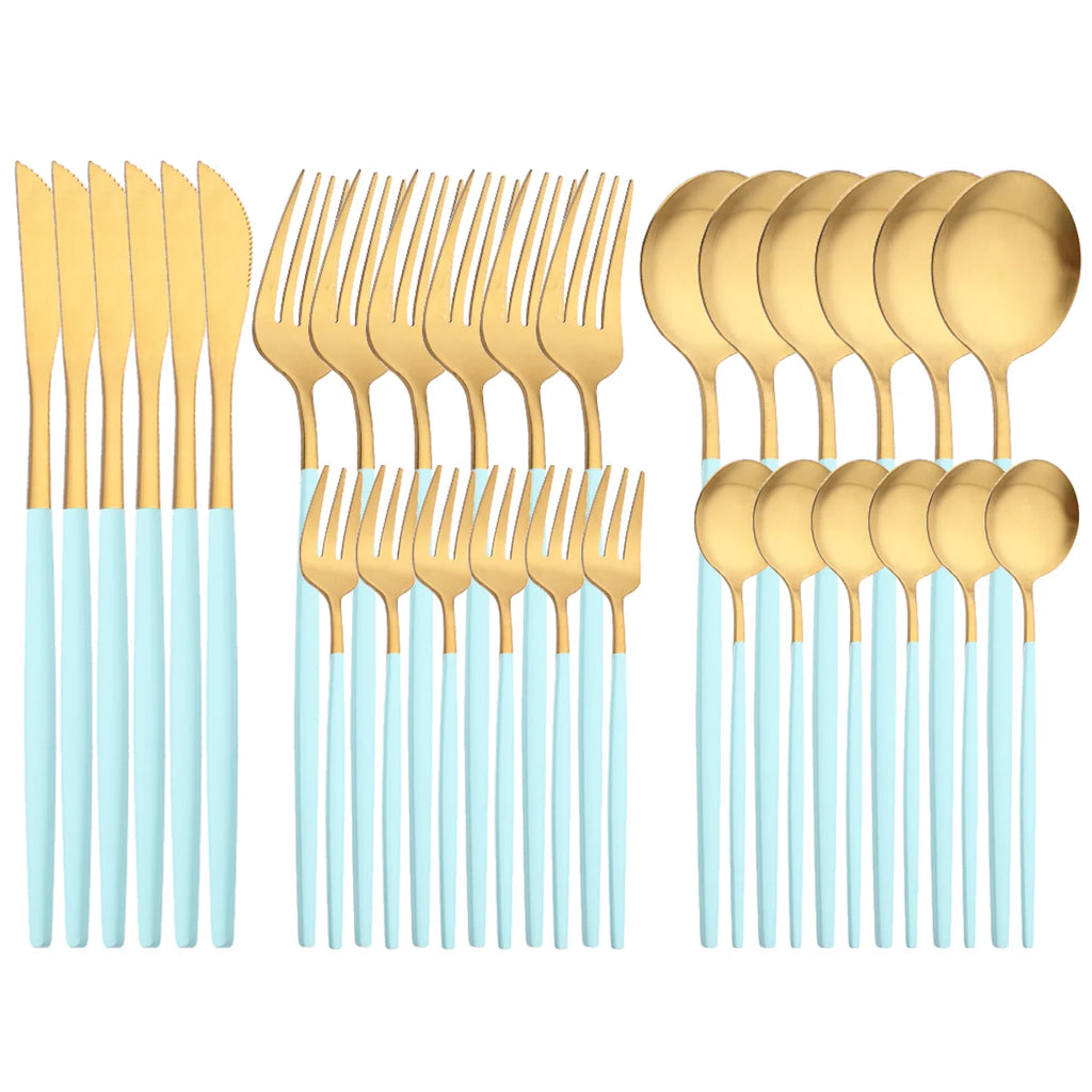 30Pcs Blue Silver Dinnerware Set Dinner Knife Fork Tea Spoon Cutlery Set Stainless Steel Tableware Western Home Kitchen Flatware