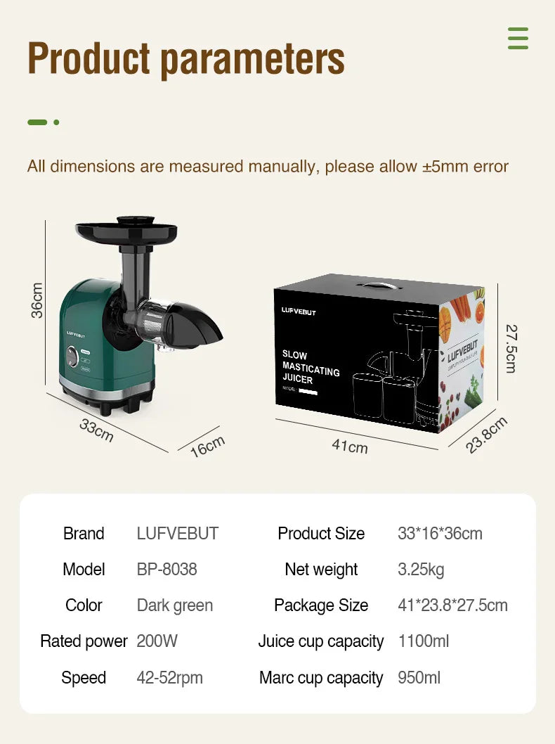Slow Masticating Cold Press Juicer, Reverse Function Quiet Easy Clean High Yield Juice Extractor for Home Fruit Vegetable