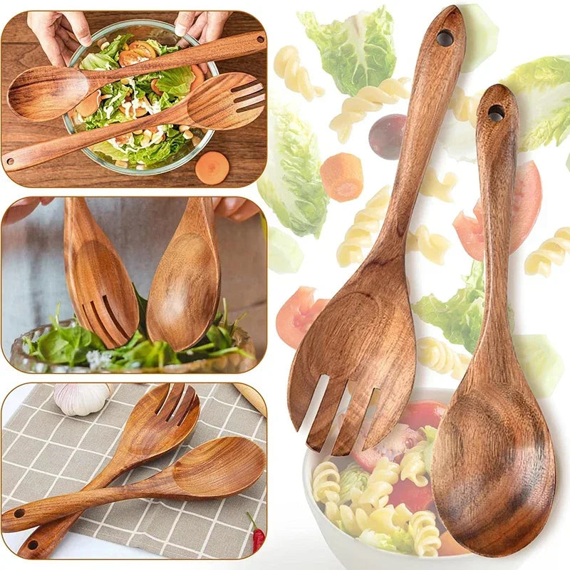 2Pcs Wooden Salad Spoons Acacia Salad Tongs Durable Wood Salad Mixing Dinner Fork And Spoon Long Handle Salad Server Spoons Set