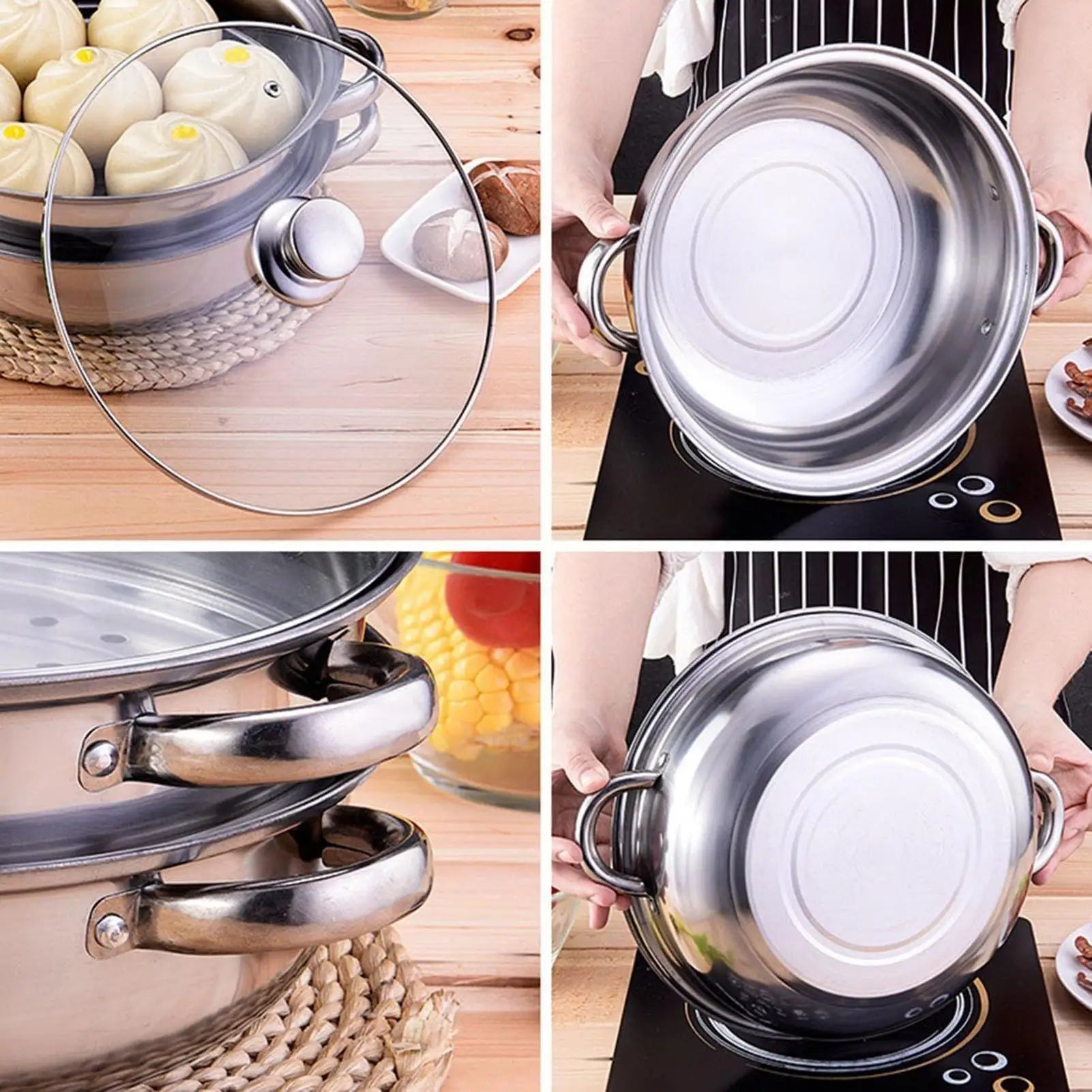 Steamer Pot for Cooking, Glass Lid Multi-Functional Stainless Steel Kitchen Cooking Steamer for Family Gathering Meal Prep