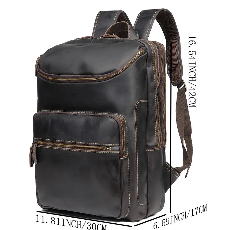 Men's 15.6 Inch Business Laptop Backpack Black Premium Cowhide Leather for Commuter Casual Student Office Travel