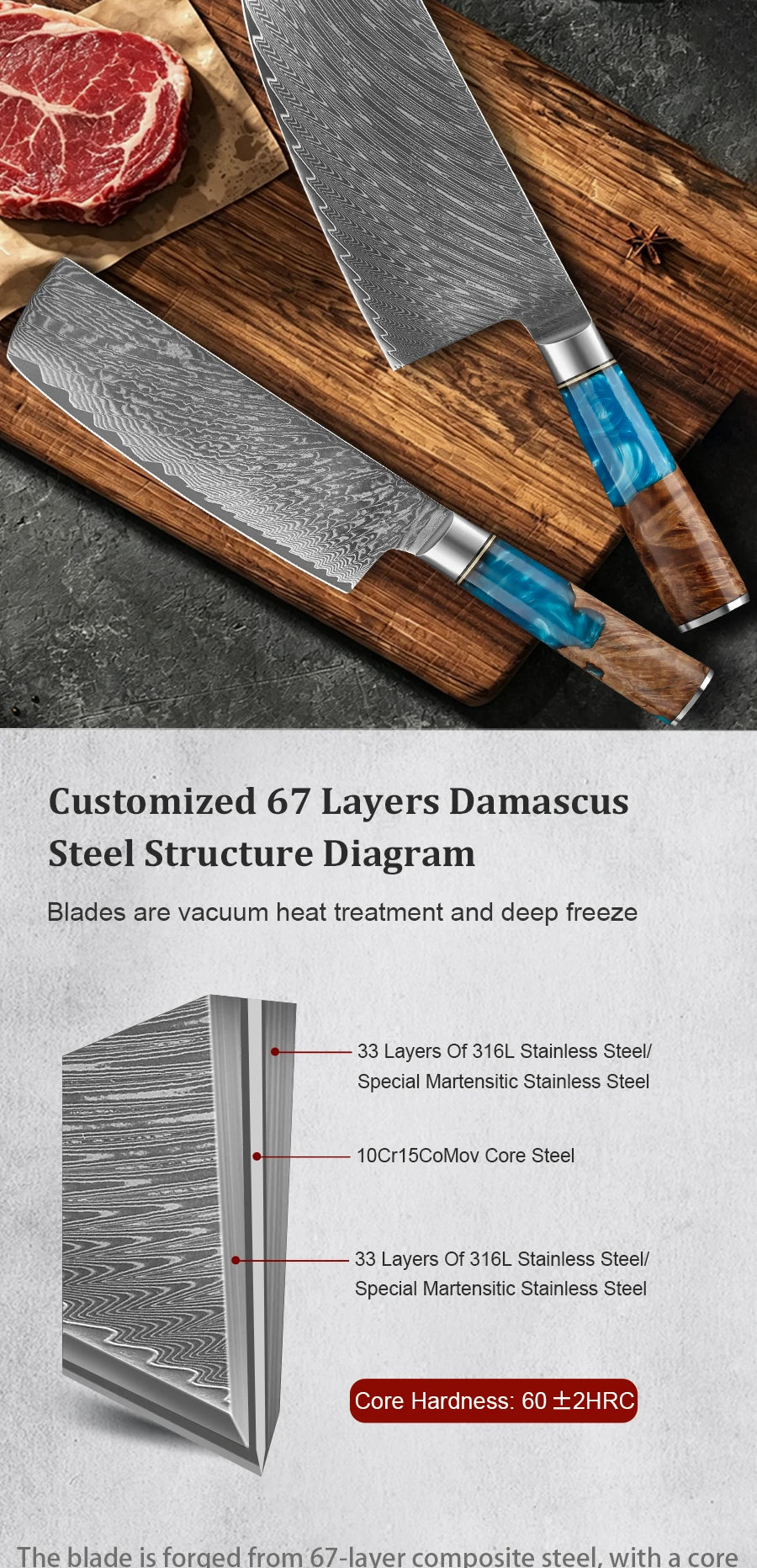 Kitchen Knives-Set Damascus Steel Cleaver Knife Nakiri Knife Meat Vegetable Blue Resin Handle set