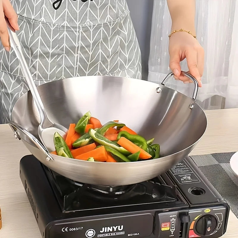 1PCS Large Stainless Steel Wok, Uncoated Thick High-Quality Durable Chef'S Pan with Dual Handles, Easy to Clean for Commercial