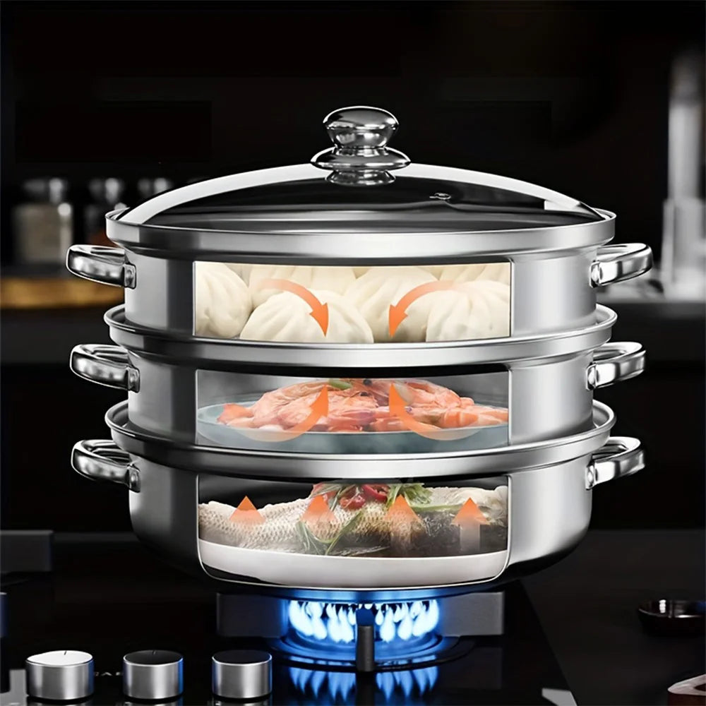 1pc 2/3 three-layer Stainless Steel Steamer, Thickened Material, Durable And Easy To Wash!