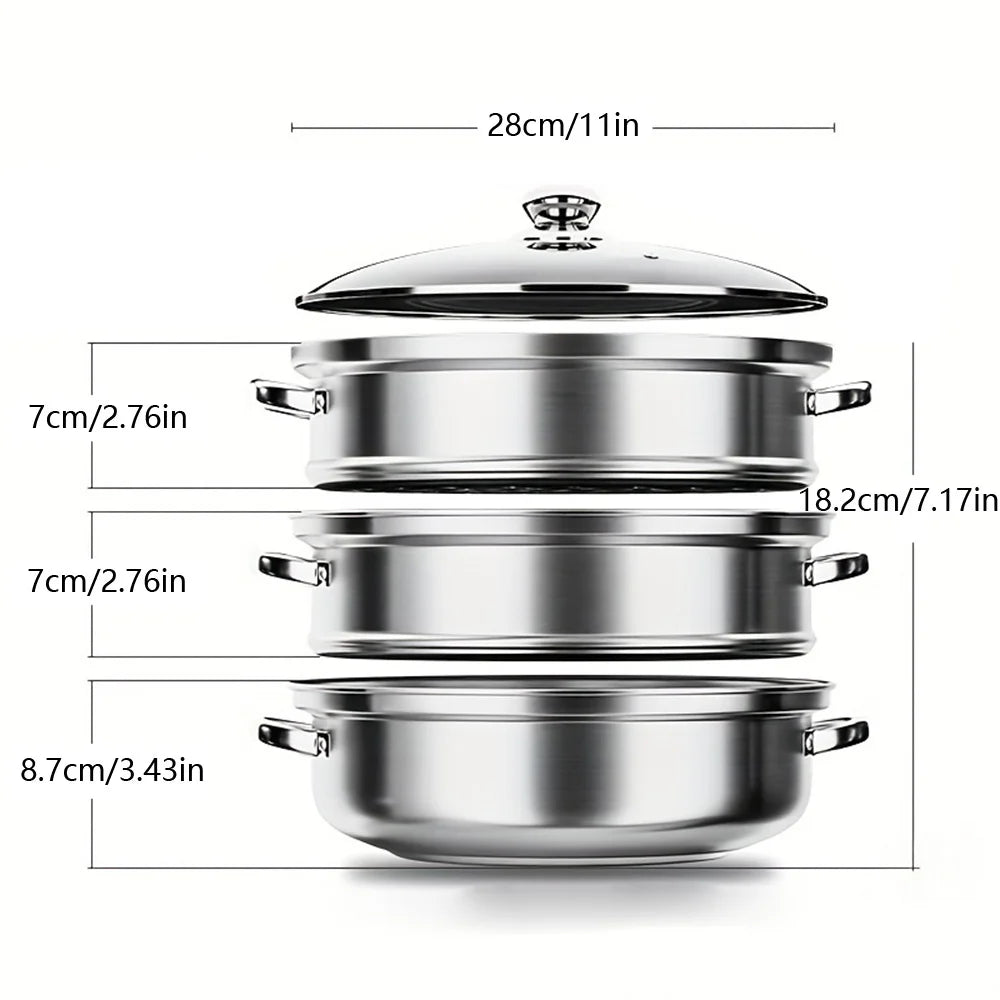 1pc 2/3 three-layer Stainless Steel Steamer, Thickened Material, Durable And Easy To Wash!