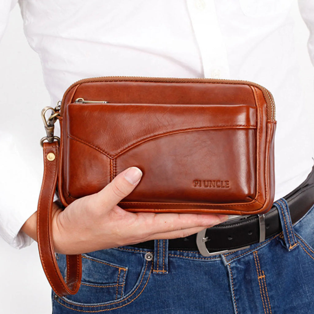 Men's Genuine Leather Fashion Business Clutch Bag, Stylish Retro Wristlet, Coin Purse, Wallet, Work Handbag, Mobile Phone Day Bag, Daily Commute Gift for Husband