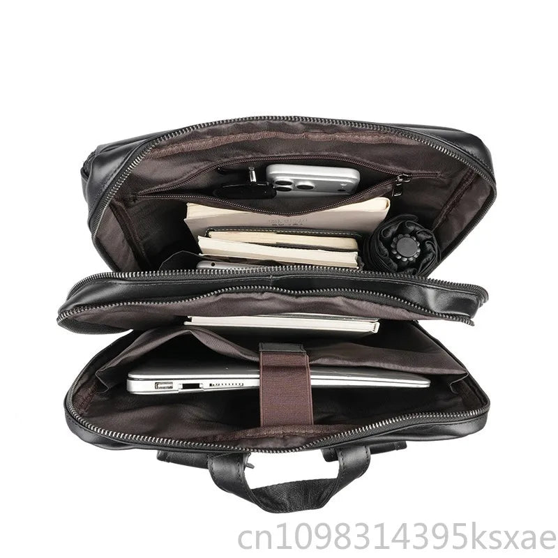 Men's 15.6 Inch Business Laptop Backpack Black Premium Cowhide Leather for Commuter Casual Student Office Travel