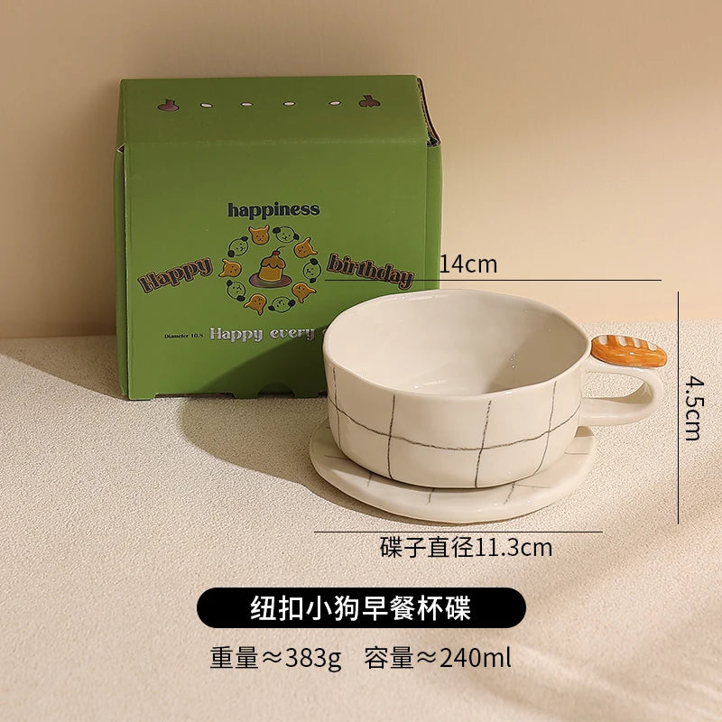Beautiful Ceramic Breakfast Plate Dinnerware Set Coffee Cup Divided Plate Korean Style Casual Cartoon Pattern Home Use