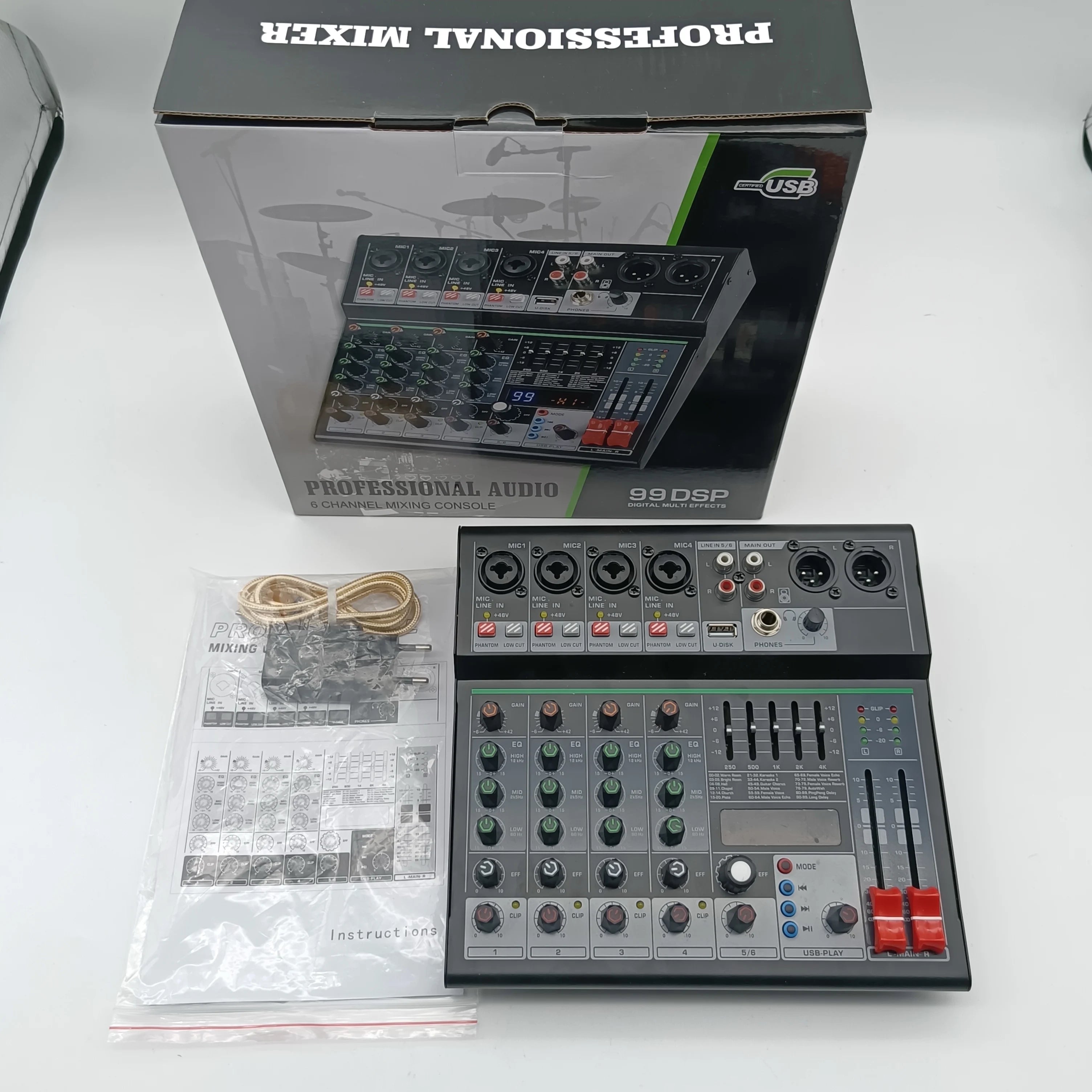 6 Channel Audio DJ Mixer Individual 48V Output 7 Band EQ 99 Effect USB Bluetooth Play Sound Mixing Console