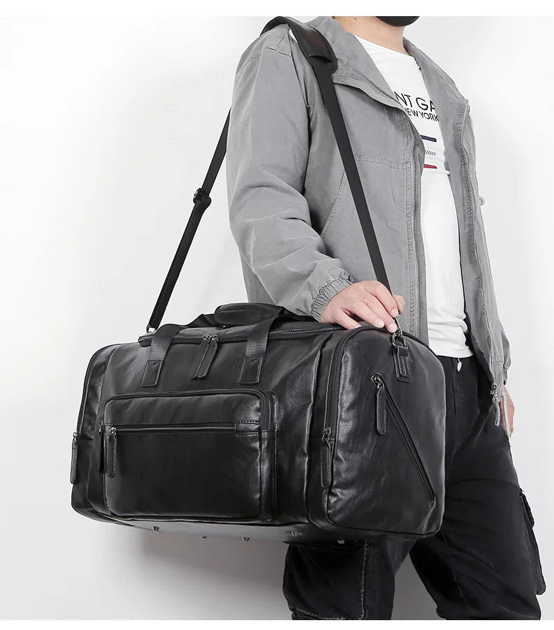 Geestock Business Men PU Leather Gym Duffel Bag Large Capacity Sports Travel Tote Handbag For Male Fitness Vintage Luggage Bag