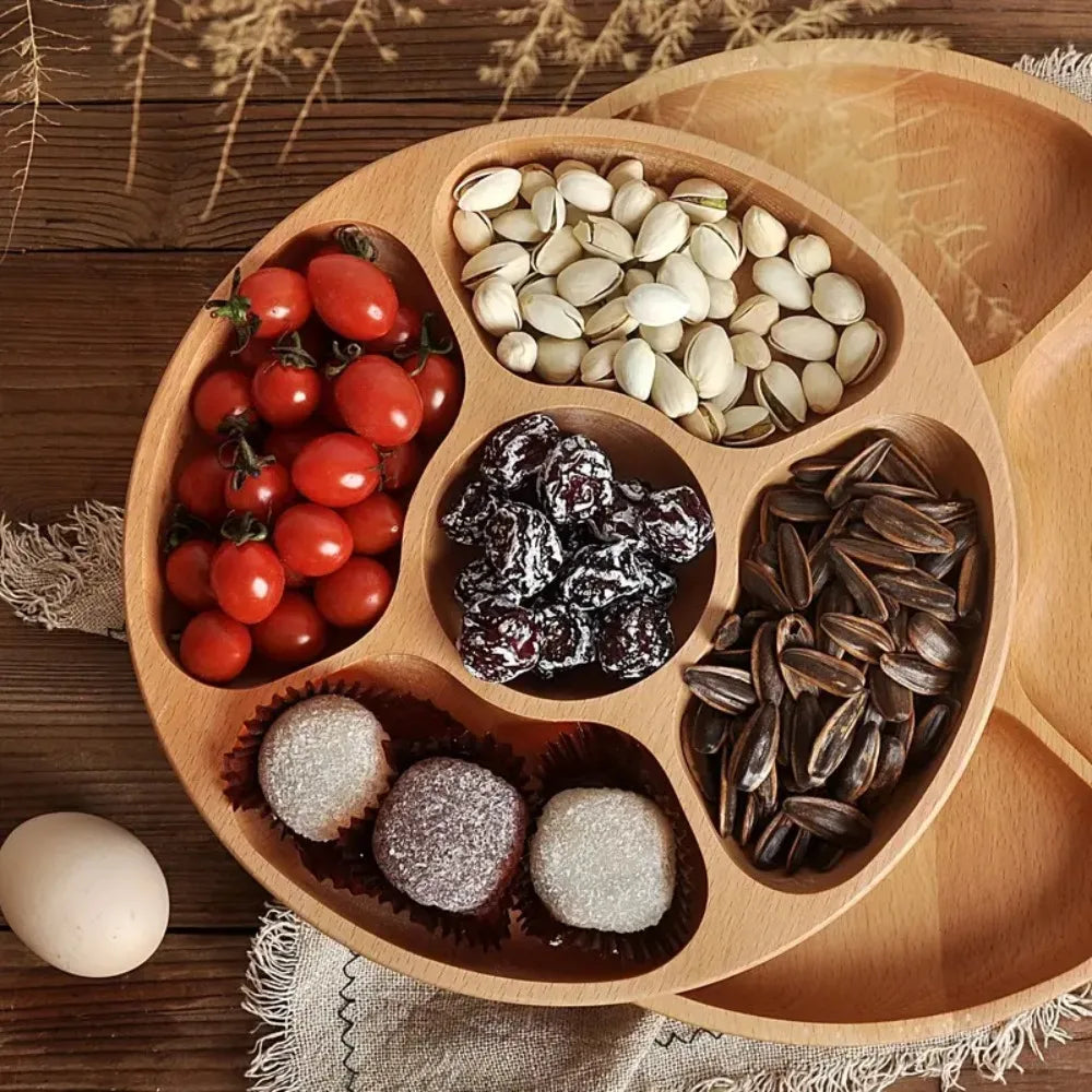 Party Dishes 5 Compartments Round Snack Plate Bamboo 20/25/30cm Divided Serving Trays Appetizer Tray Fruit Platter Hotel