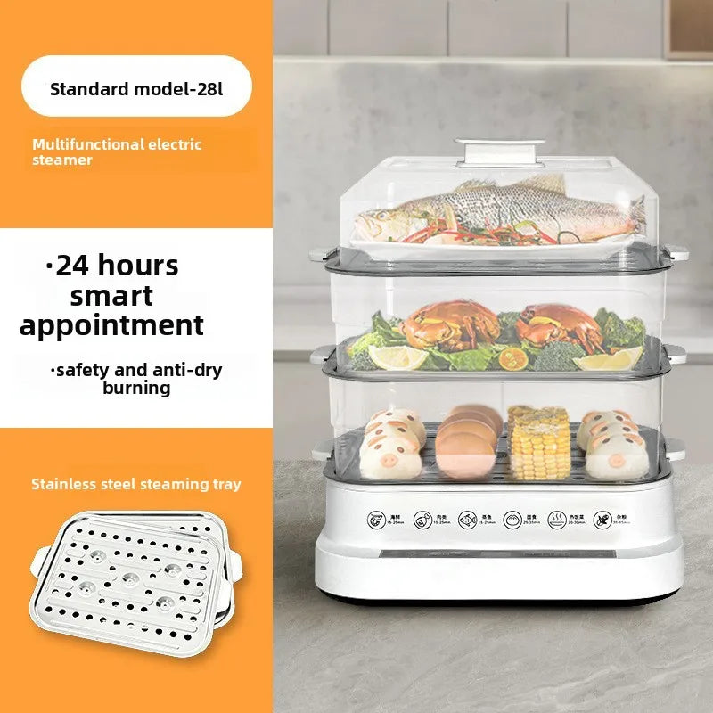 Electric Steamer Multi-Functional Three-Layer Breakfast Maker with Large Capacity, Keep Warm, Pre-Set Timer