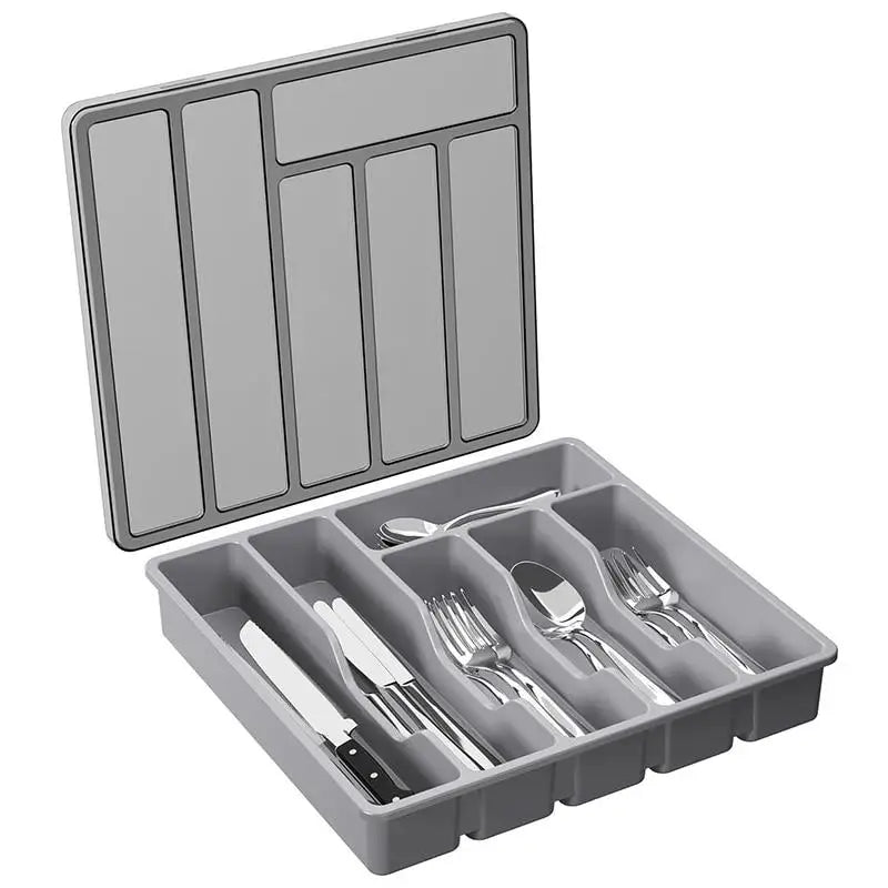 Silverware Organizer with Lid Covered Utensil Tray for Kitchen Plastic Cutlery and Flatware Storage Box for Spoons Forks Knives