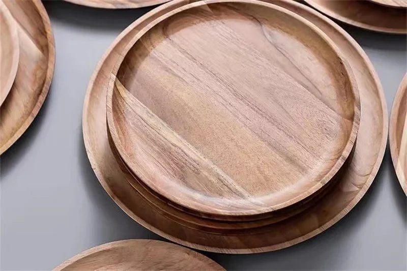 15/20/25cm Wooden Round Serving Platter Tray Retro Wood Pizza Salad Plate Fruit Dessert Tray Bread Cake Container Snacks Dish
